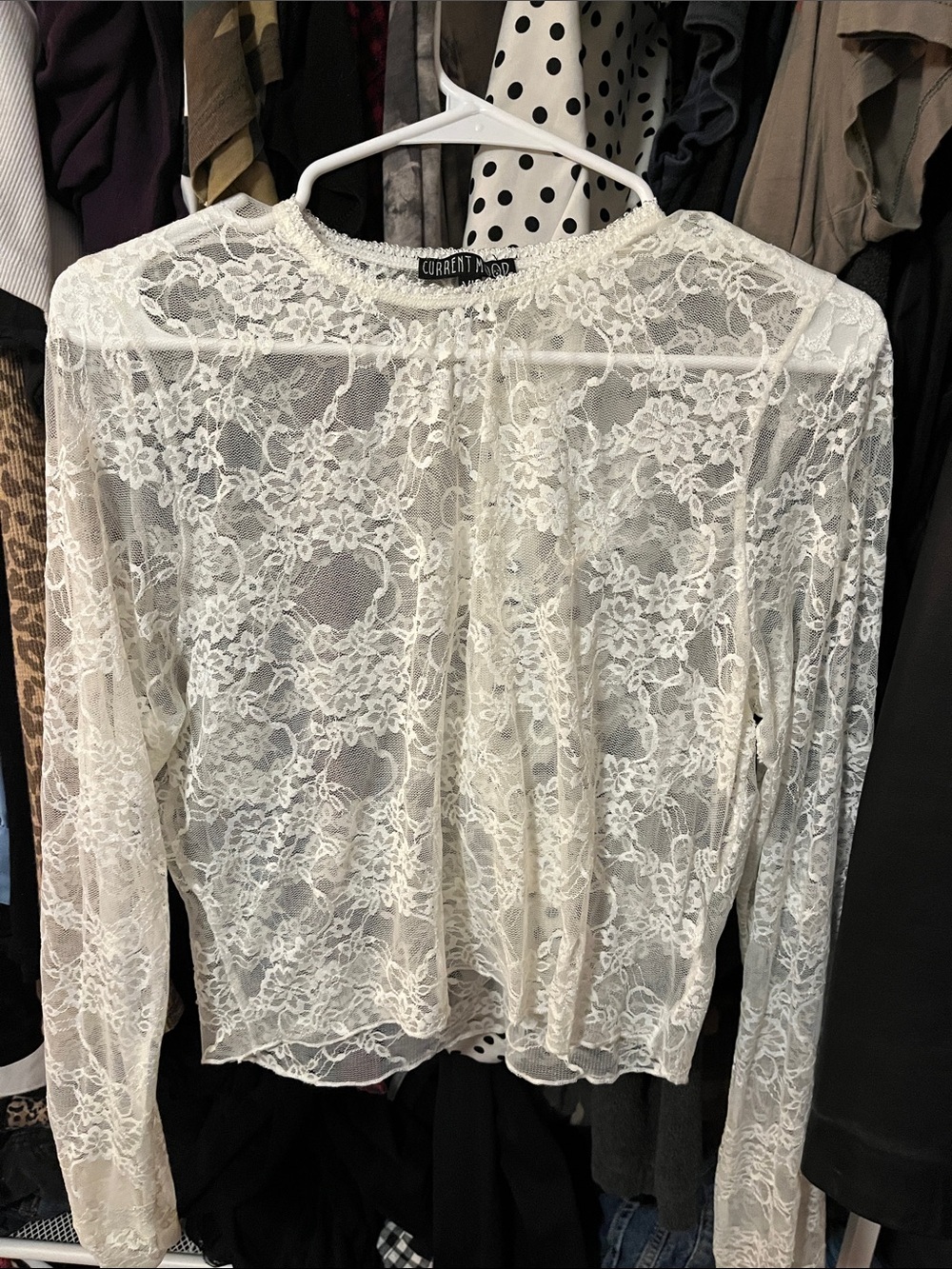Current Mood Ivory Floral Lace Sheer Long Sleeve Top